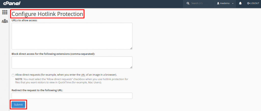 cPanel Configure Hotlink Protection