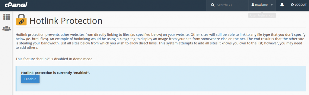 cPanel Enable Hotlink Protection