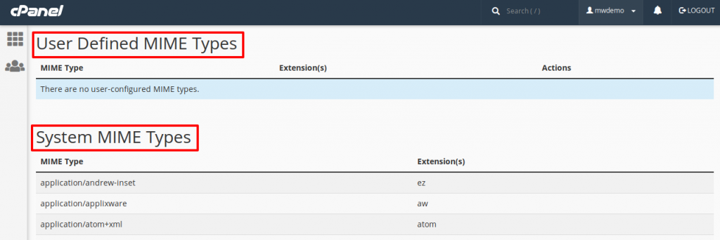 cPanel System MIME Types