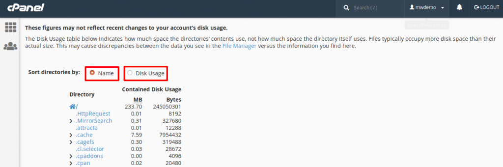 cPanel Disk Usage Sub Directories