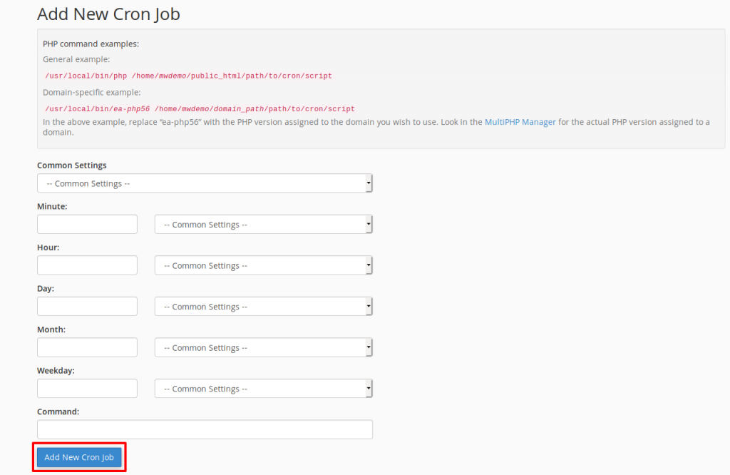 cPanel Add New Cron Jobs