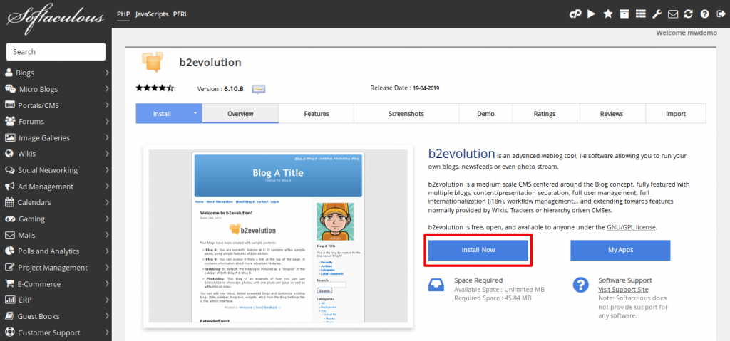 Softaculous b2evolution Install Now
