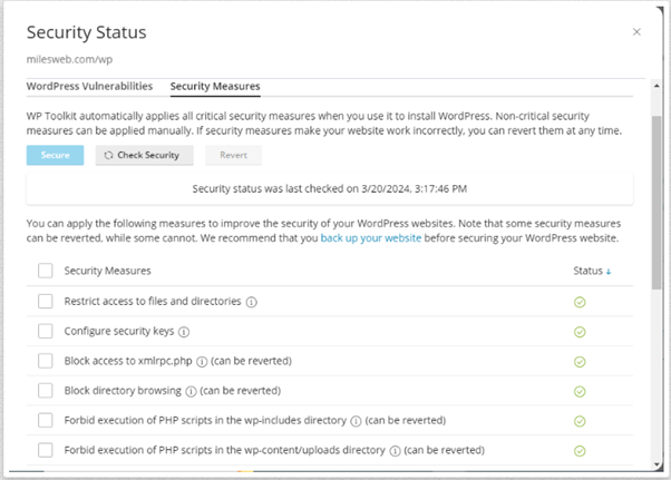 check wordpress security measures